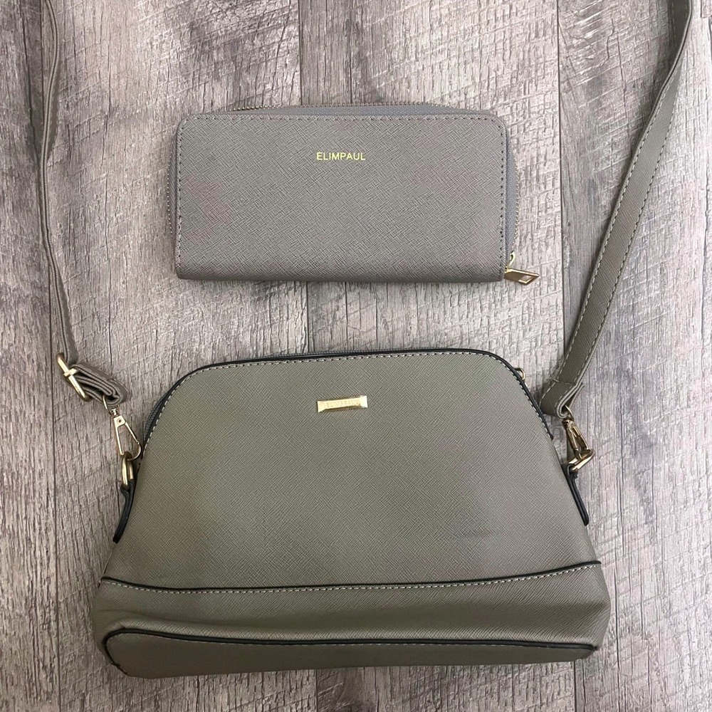Elim & Paul Olive Green Saffiano Crossbody Dome Bag and Zip‎ Around Wallet Set